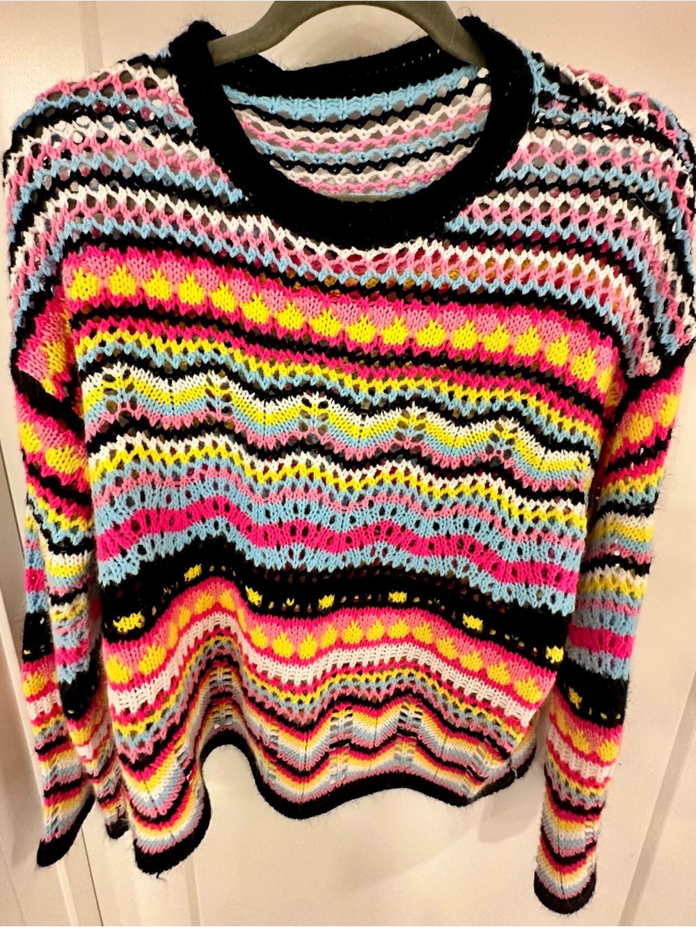 Colorful Open-Knit Stripe Crew Sweater in Pink, Yellow & Blue